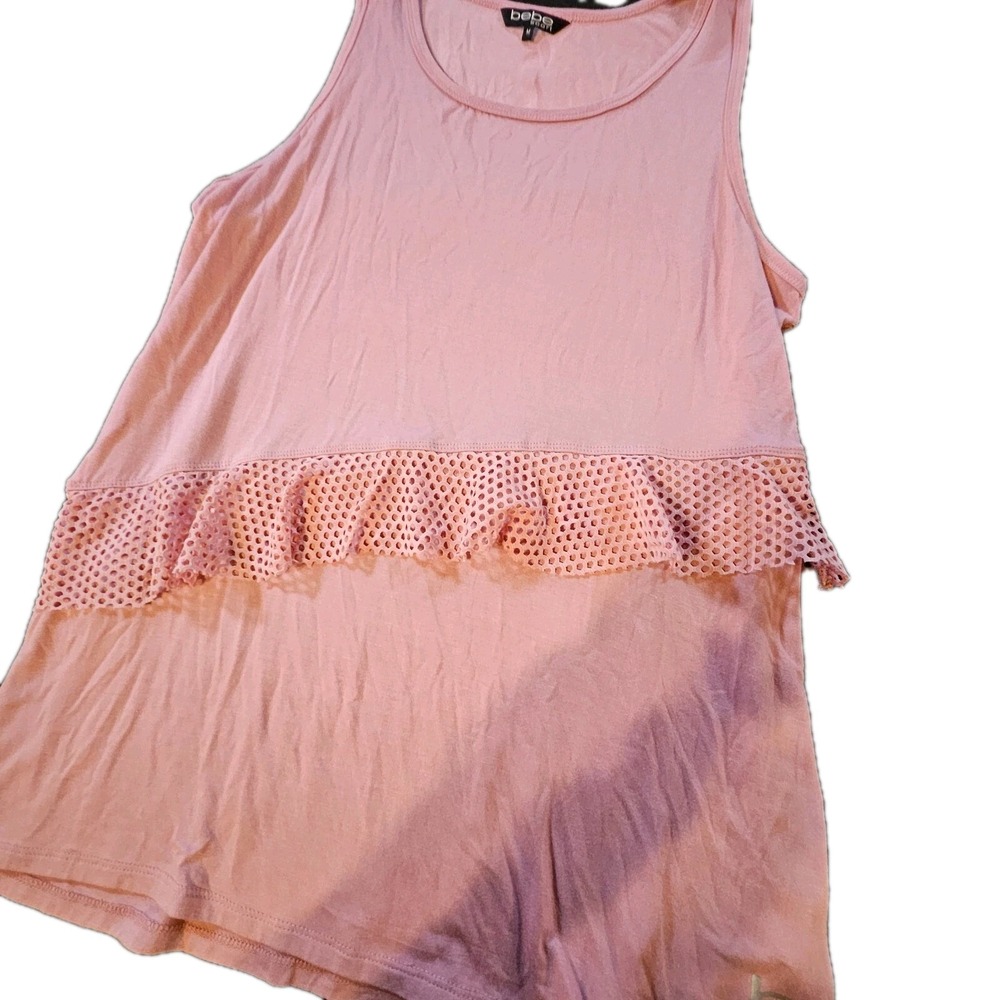 BeBe Sport Womens Tank Pink Ruffle Waist Mesh Fitness Activewear M 1-00655